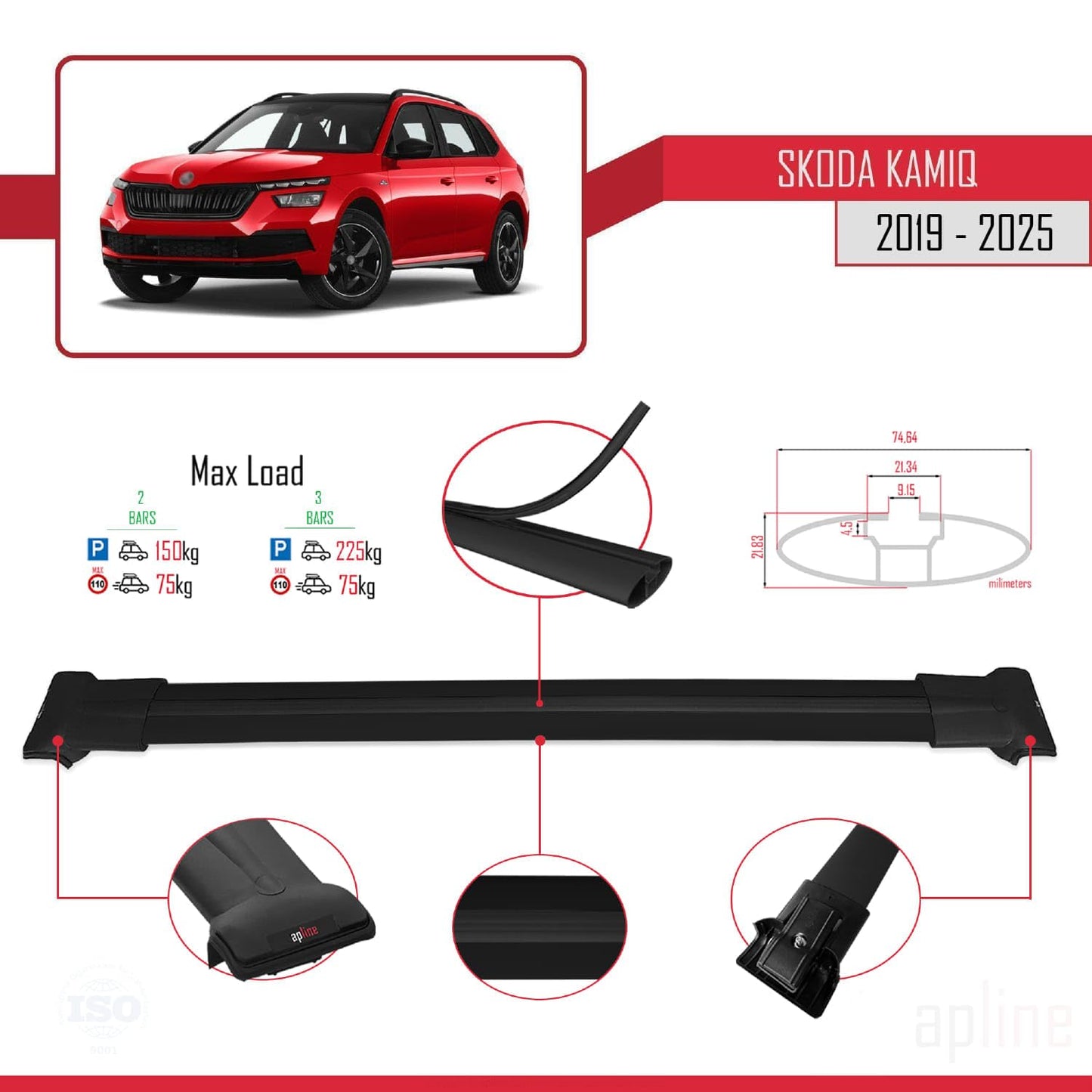 Compatible with Skoda Kamiq 2019-2025 Fly Model Car Roof Rack Cross Bar Black Aluminium 2 Bars