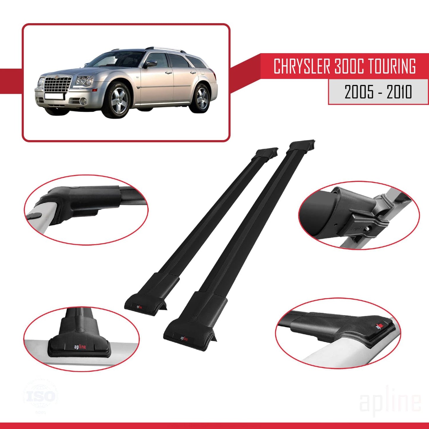 Compatible with Chrysler 300C Touring 2005-2010 Fly Model Car Roof Rack Cross Bar Black Aluminium 2 Bars