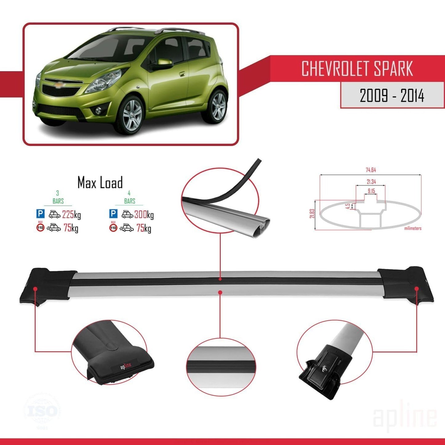 Compatible with Chevrolet Spark (M300) 2009-2014 Fly Model Car Roof Rack Cross Bar Grey Aluminium 3 Bars