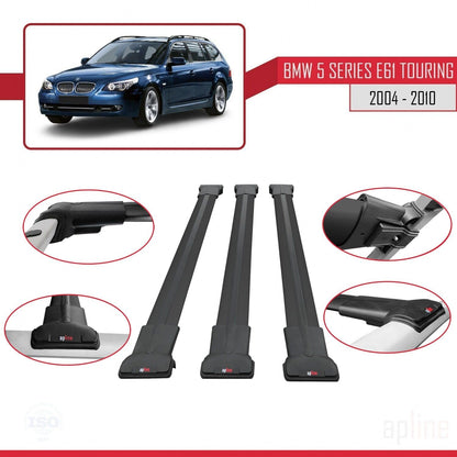 Compatible with BMW 5 Series (E61) Touring 2004-2010 Fly Model Car Roof Rack Cross Bar Black Aluminium 3 Bars
