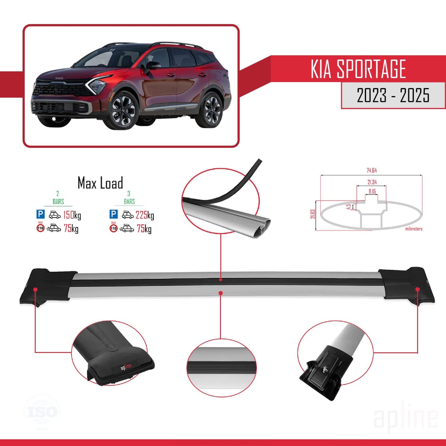 Compatible with Kia Sportage 2023-2025 Fly Model Car Roof Rack Cross Bar Grey Aluminium 2 Bars