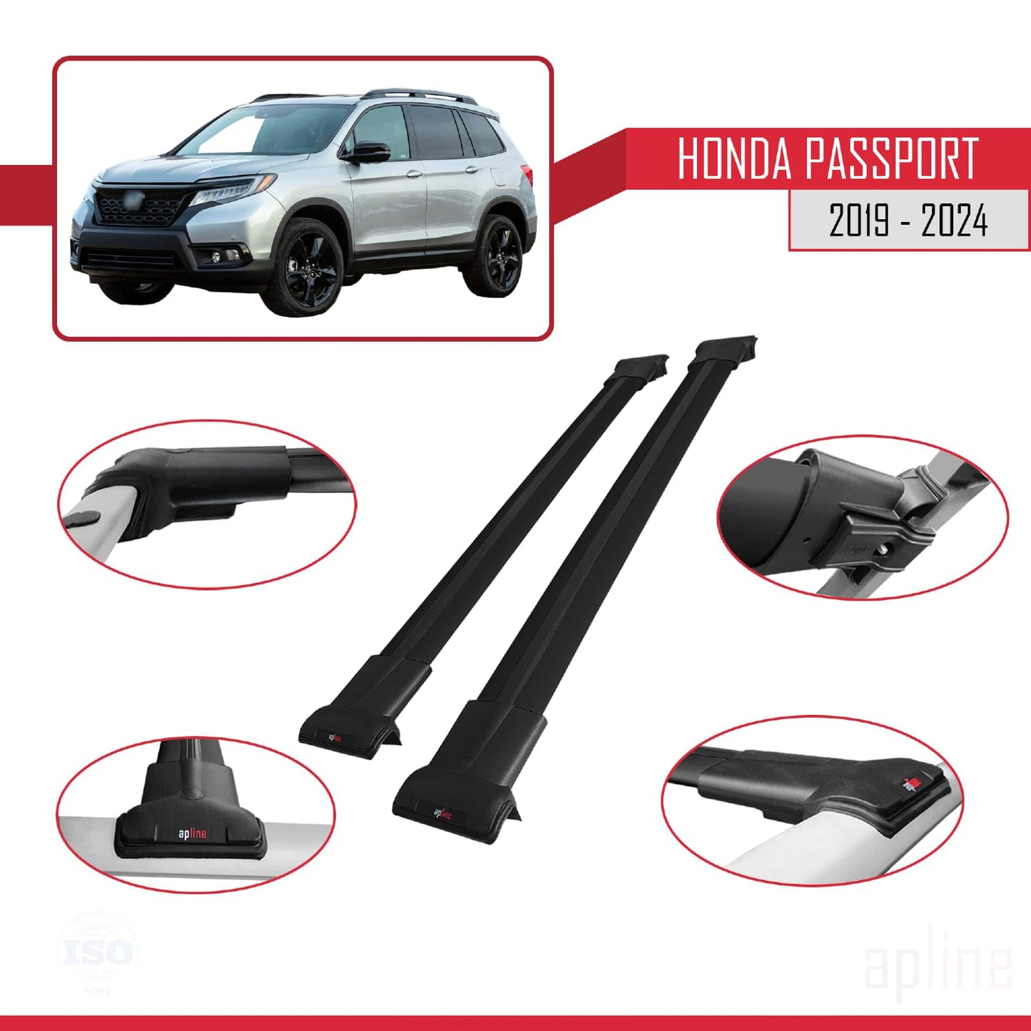 Compatible with Honda Passport 2019-2024 Fly Model Car Roof Rack Cross Bar Black Aluminium 2 Bars
