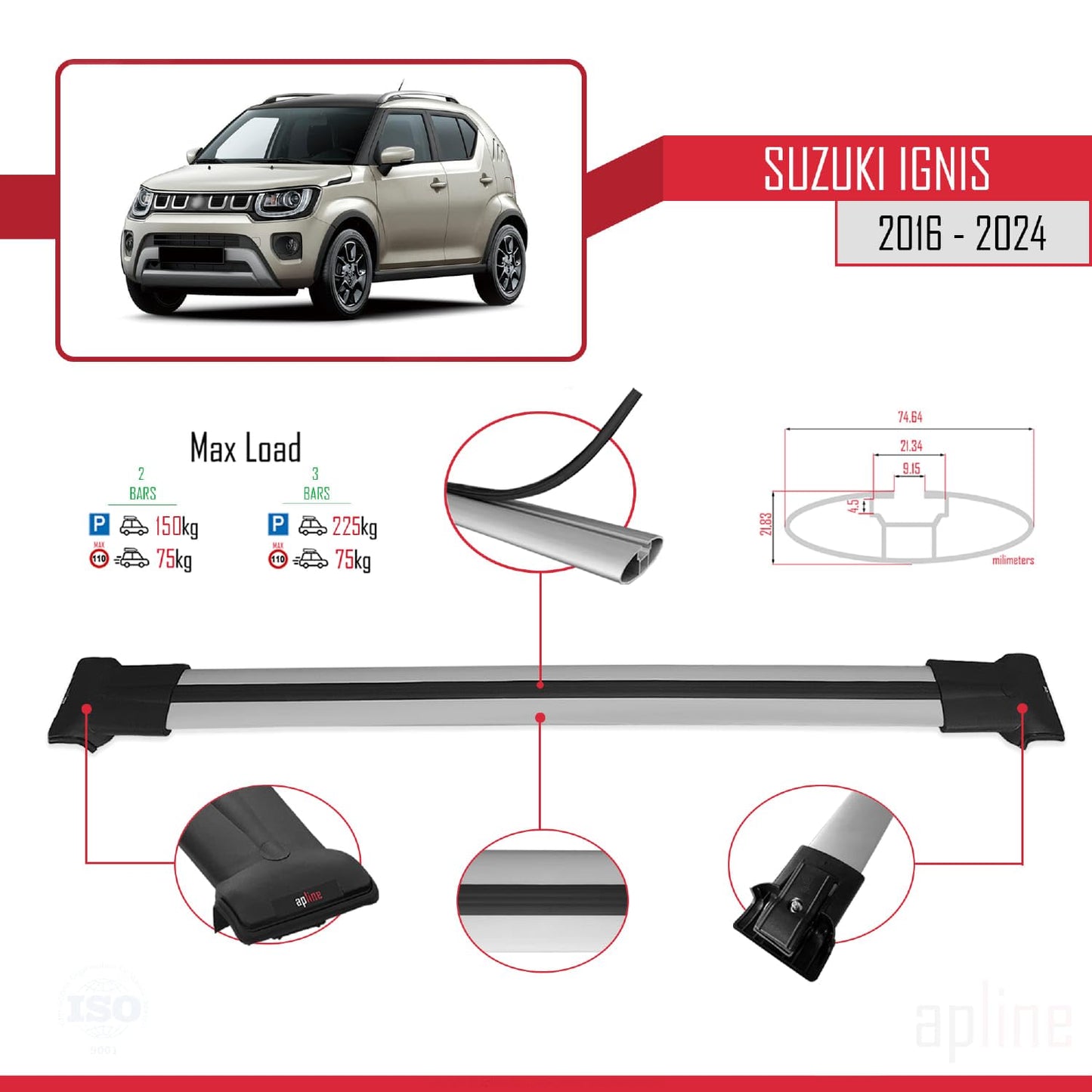 Compatible with Suzuki Ignis 2016-2024 Fly Model Car Roof Rack Cross Bar Grey Aluminium 2 Bars