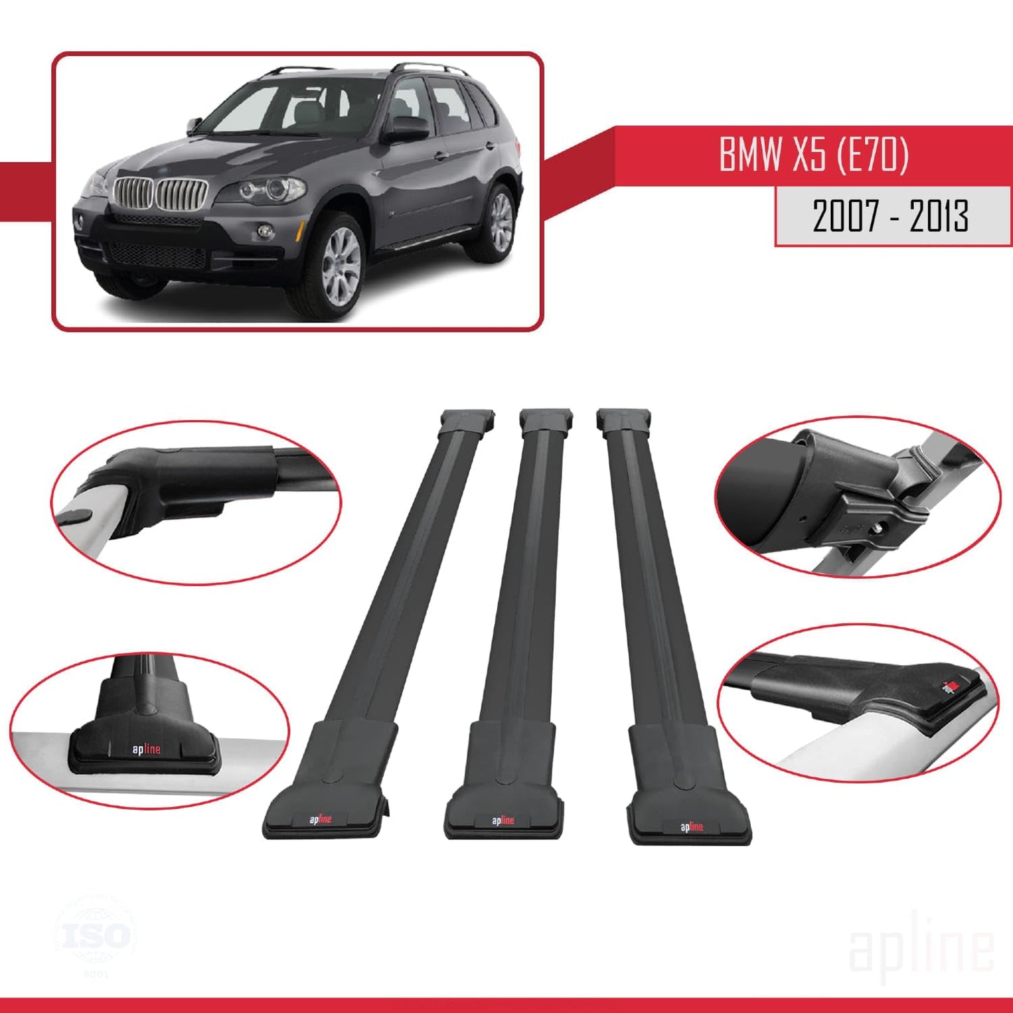 Compatible with BMW X5 (E70) 2007-2013 Fly Model Car Roof Rack Cross Bar Black Aluminium 3 Bars