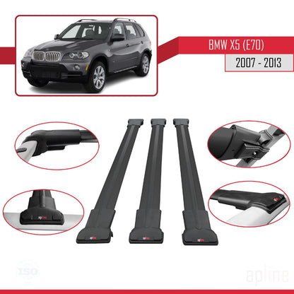 Compatible with BMW X5 (E70) 2007-2013 Fly Model Car Roof Rack Cross Bar Black Aluminium 3 Bars