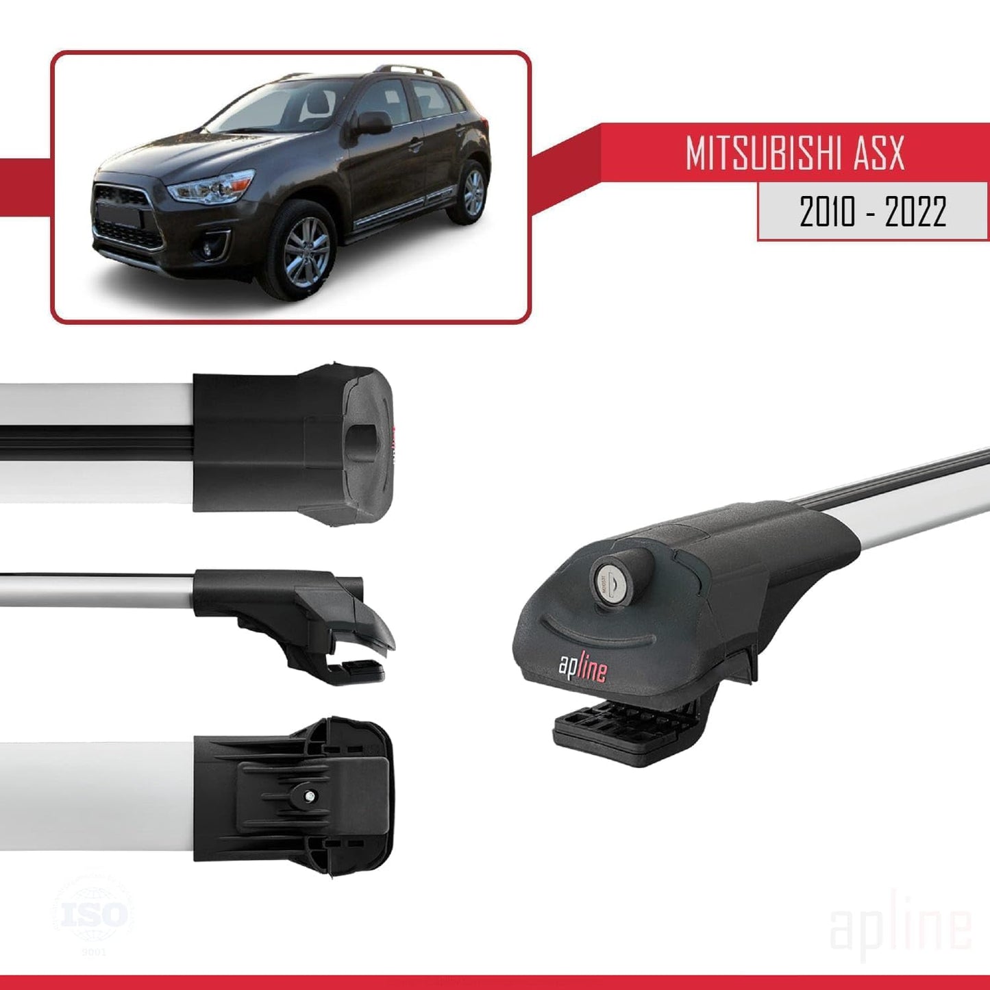 Compatible with Mitsubishi ASX (GA) 2010-2022 ACE-1 Car Roof Rack Cross Bar Grey Aluminium 3 Bars