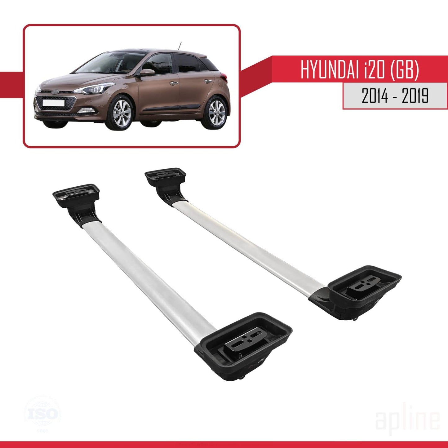 Compatible with Hyundai i20 (GB) 2014-2019 ACE-3 Car Roof Rack Cross Bar Grey Aluminium 2 Bars
