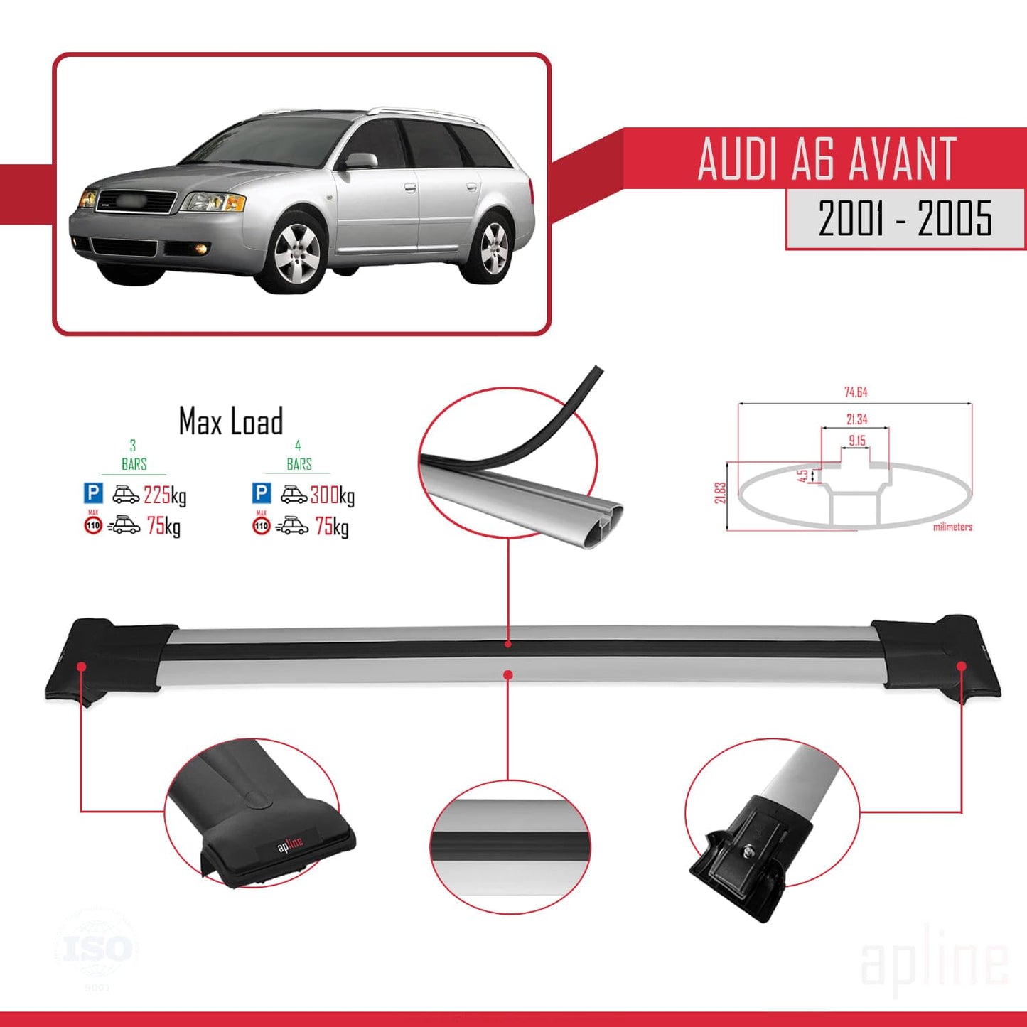 Compatible with Audi A6 Avant 2001-2005 Fly Model Car Roof Rack Cross Bar Grey Aluminium 3 Bars
