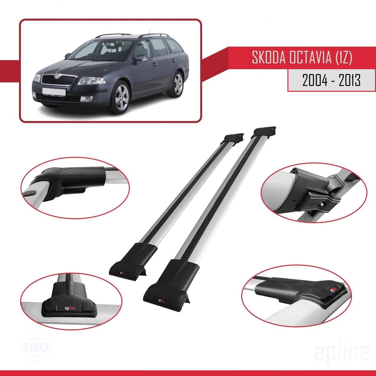 Compatible with Skoda Octavia 2 (1Z) 2004-2013 Fly Model Car Roof Rack Cross Bar Grey Aluminium 2 Bars