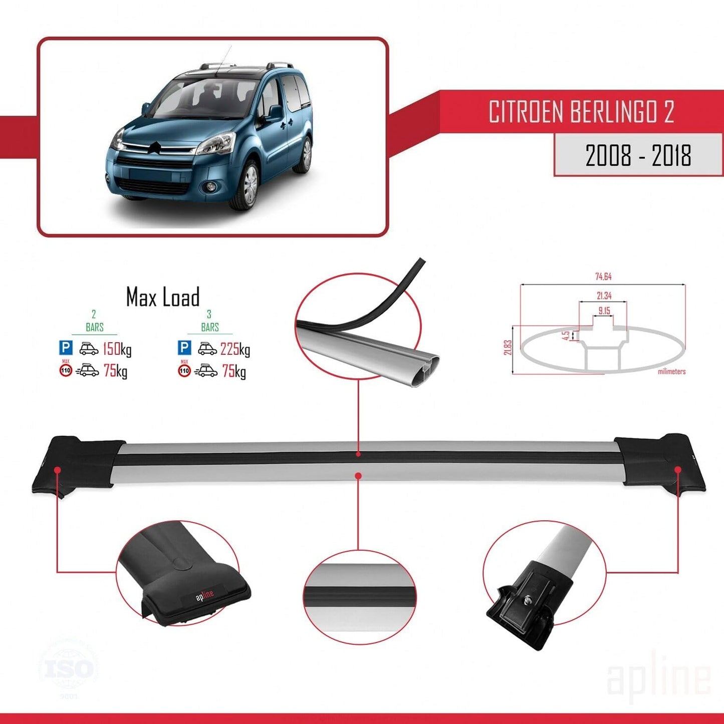 Compatible with Citroen Berlingo 2 (B9) 2008-2018 Fly Model Car Roof Rack Cross Bar Grey Aluminium 2 Bars