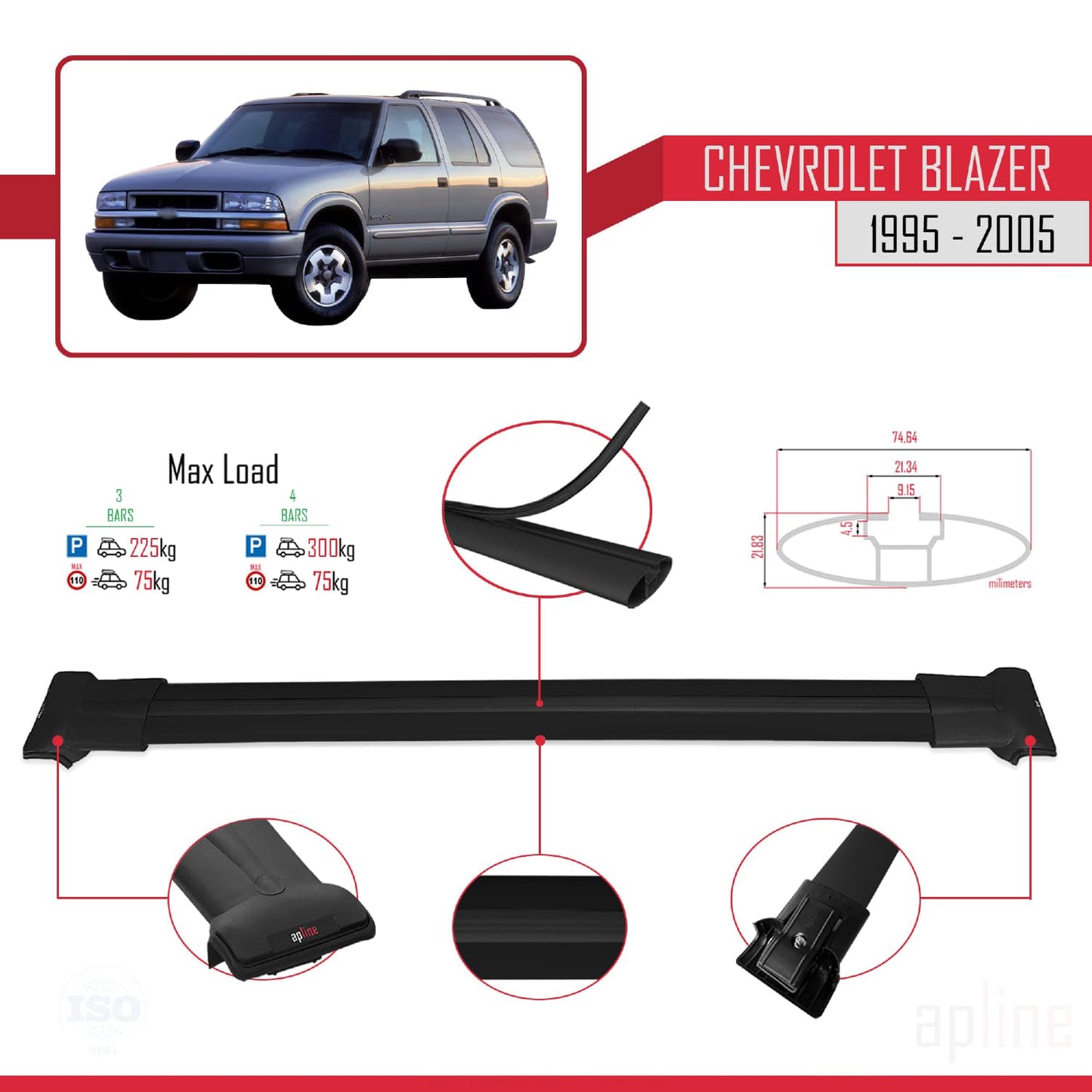 Compatible with Chevrolet Blazer 1995-2005 Fly Model Car Roof Rack Cross Bar Black Aluminium 3 Bars