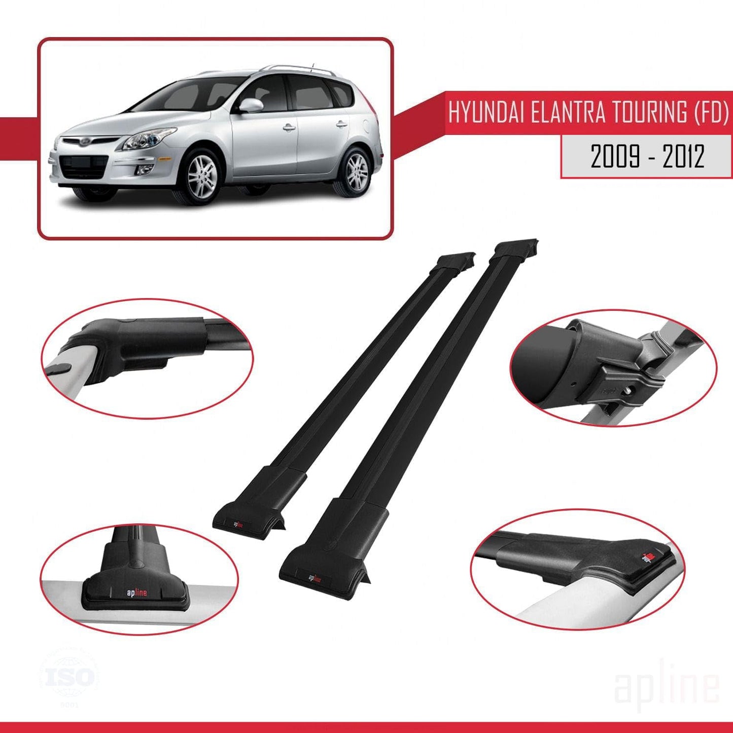 Compatible with Hyundai Elantra Touring (FD) 2009-2012 Fly Model Car Roof Rack Cross Bar Black Aluminium 2 Bars