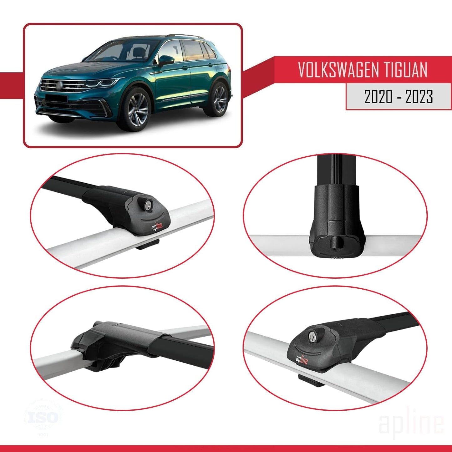 Compatible with Volkswagen Tiguan 2 (AX1) Post-Facelift 2020-2023 ACE-1 Car Roof Rack Cross Bar Black Aluminium 3 Bars