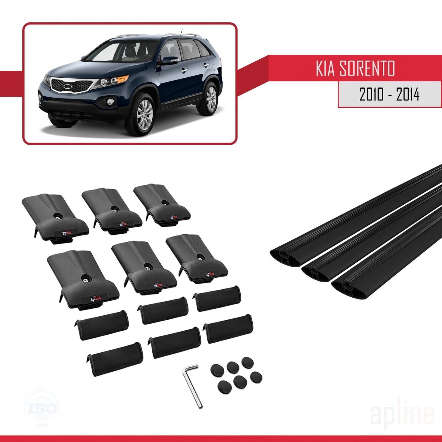 Compatible with Kia Sorento 2 (XM) 2010-2014 Fly Model Car Roof Rack Cross Bar Black Aluminium 3 Bars