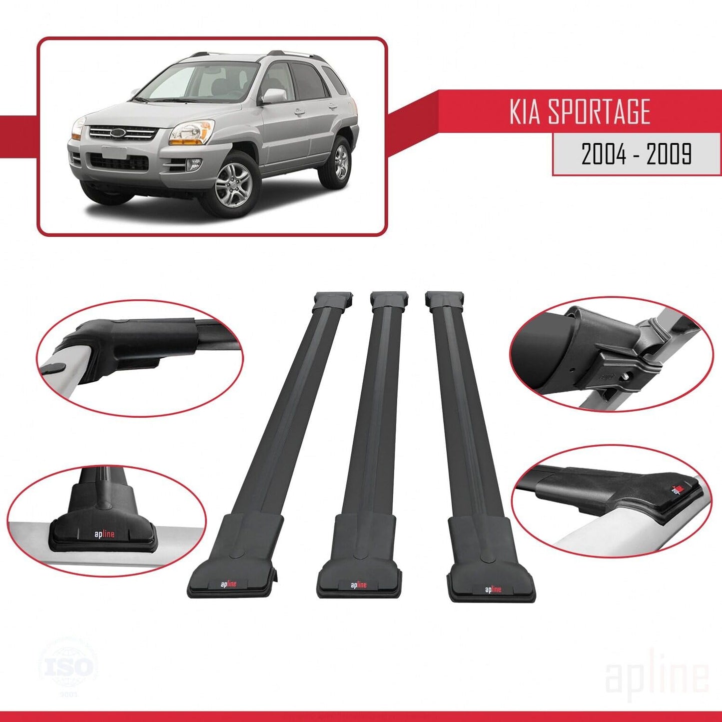 Compatible with Kia Sportage 2 (JE) 2004-2009 Fly Model Car Roof Rack Cross Bar Black Aluminium 3 Bars
