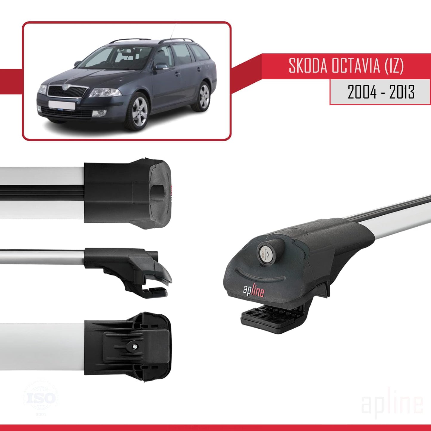 Compatible with Skoda Octavia 2 (1Z) 2004-2013 ACE-1 Car Roof Rack Cross Bar Grey Aluminium 3 Bars