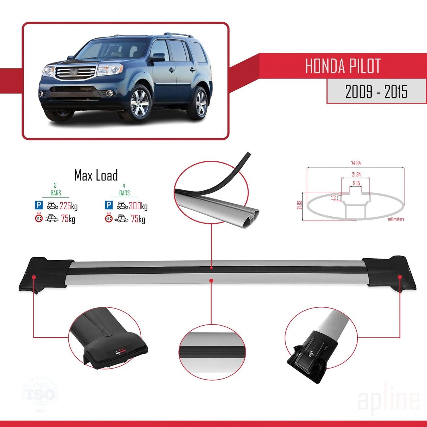 Compatible with Honda Pilot 2 2009-2015 Fly Model Car Roof Rack Cross Bar Grey Aluminium 3 Bars