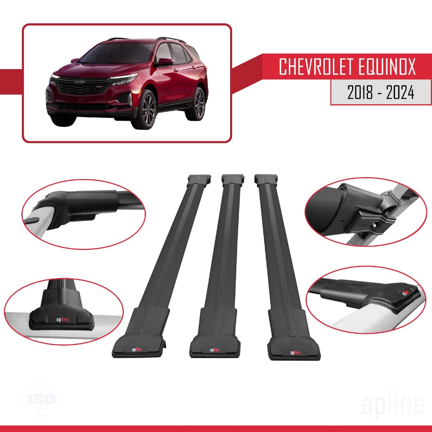 Compatible with Chevrolet Equinox 2018-2024 Fly Model Car Roof Rack Cross Bar Black Aluminium 3 Bars