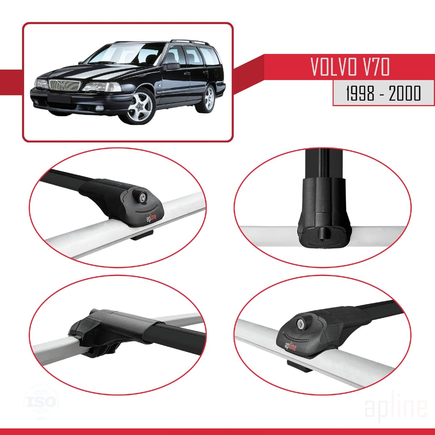 Compatible with Volvo V70 1998-2000 ACE-1 Car Roof Rack Cross Bar Black Aluminium 3 Bars