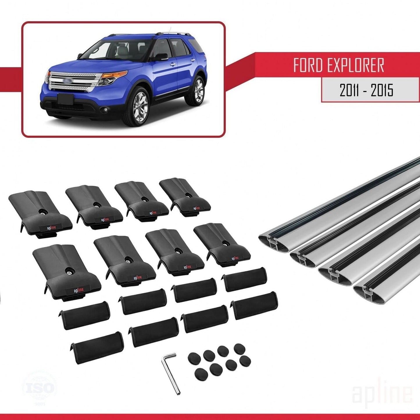 Compatible with Ford Explorer 5 (U502) Pre-Facelift 2011-2015 Fly Model Car Roof Rack Cross Bar Grey Aluminium 4 Bars