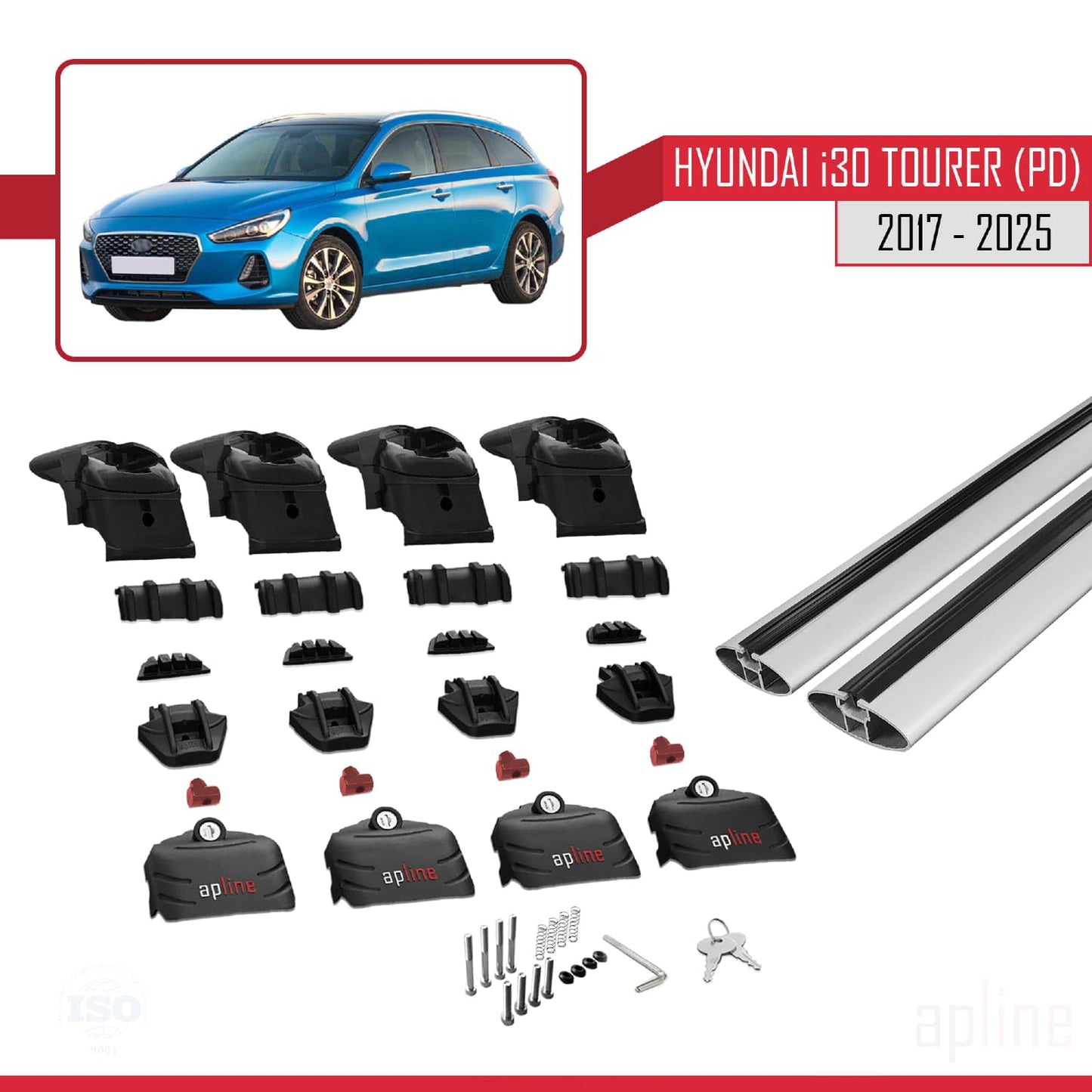 Compatible with Hyundai i30 3 (PD) Tourer 2017-2025 ACE-2 Car Roof Rack Cross Bar Grey Aluminium 2 Bars