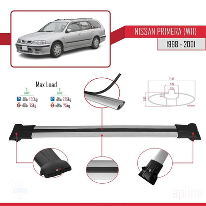 Compatible with Nissan Primera 2 (W11) Traveller 1998-2001 Fly Model Car Roof Rack Cross Bar Grey Aluminium 2 Bars