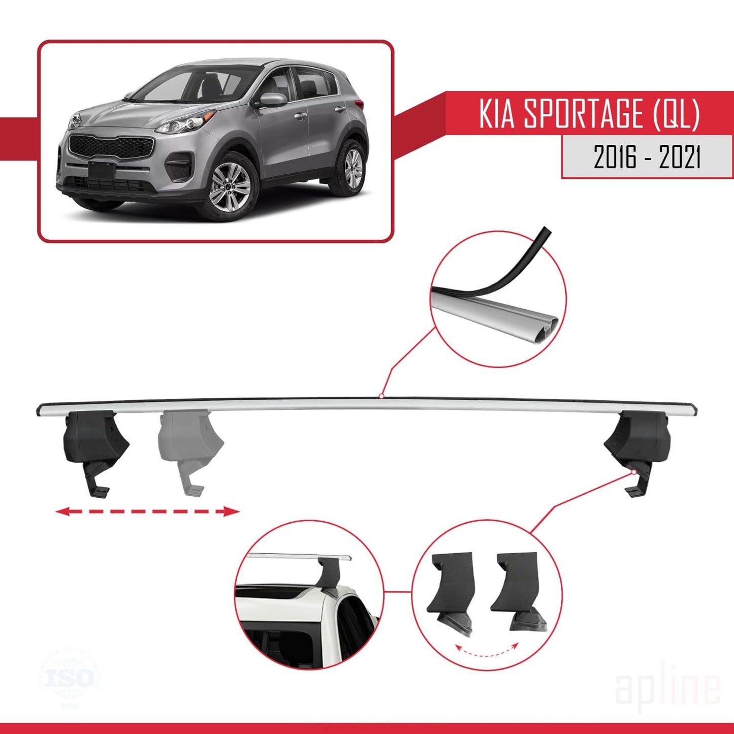 Compatible with Kia Sportage (QL) 2016-2021 ACE-4 Car Roof Rack Cross Bar Grey Aluminium 2 Bars