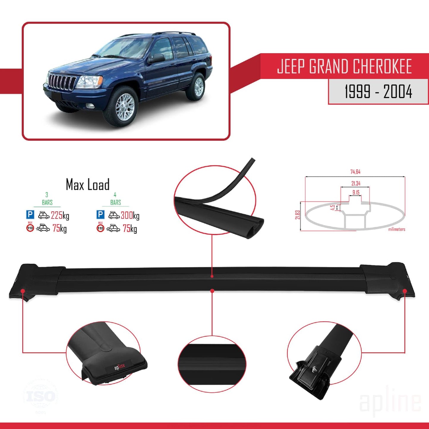 Compatible with Jeep Grand Cherokee 2 (WJ) 1999-2004 Fly Model Car Roof Rack Cross Bar Black Aluminium 3 Bars