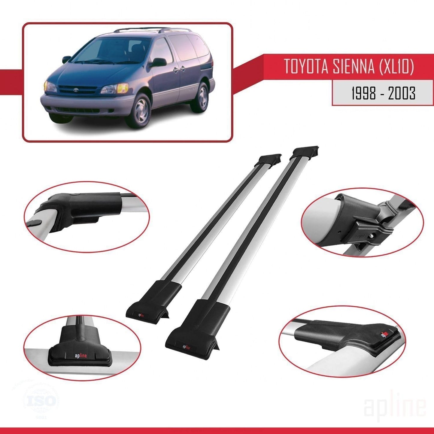 Compatible with Toyota Sienna (XL10) 1998-2003 Fly Model Car Roof Rack Cross Bar Grey Aluminium 2 Bars