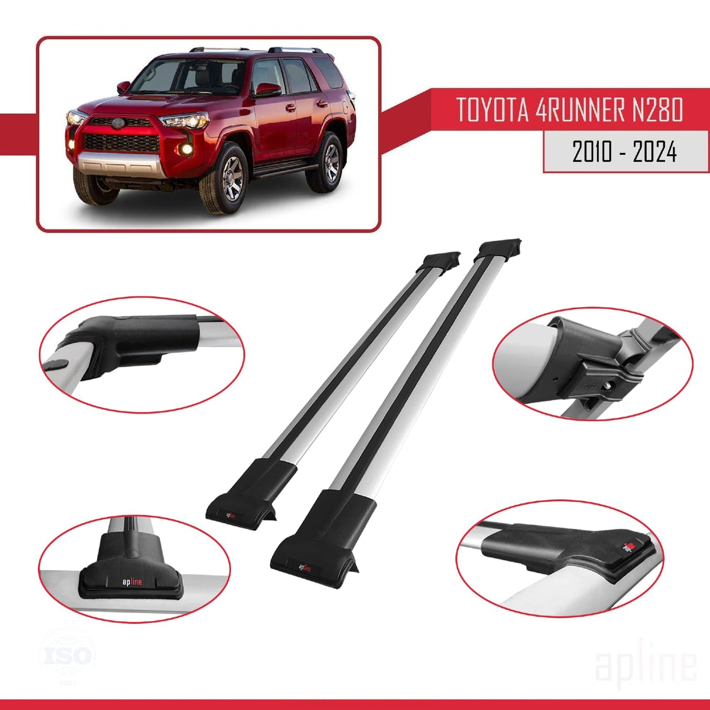 Compatible with Toyota 4Runner (N280) 2010-2024 Fly Model Car Roof Rack Cross Bar Grey Aluminium 2 Bars