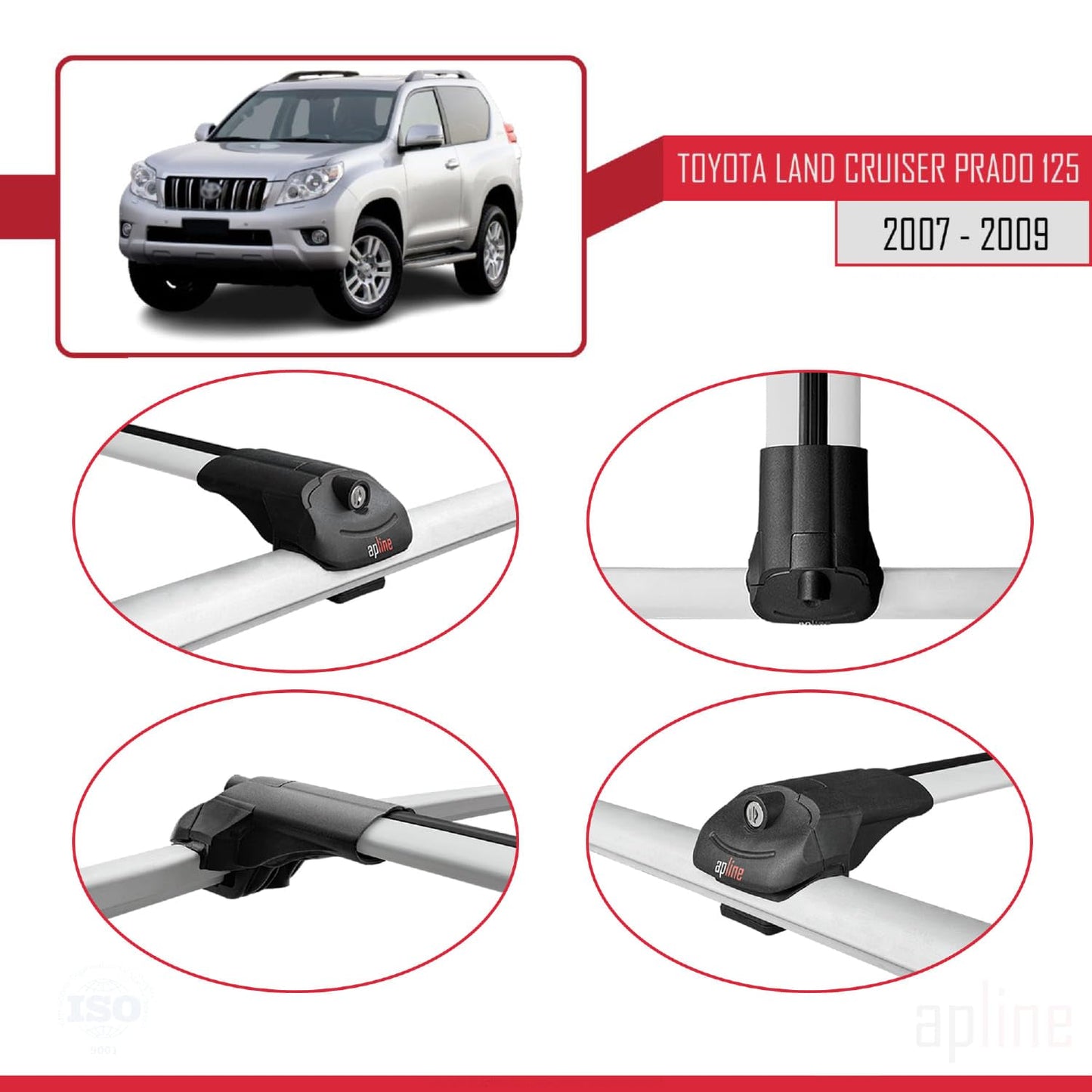 Compatible with Toyota Land Cruiser Prado (J125) 2007-2009 ACE-1 Car Roof Rack Cross Bar Grey Aluminium 2 Bars