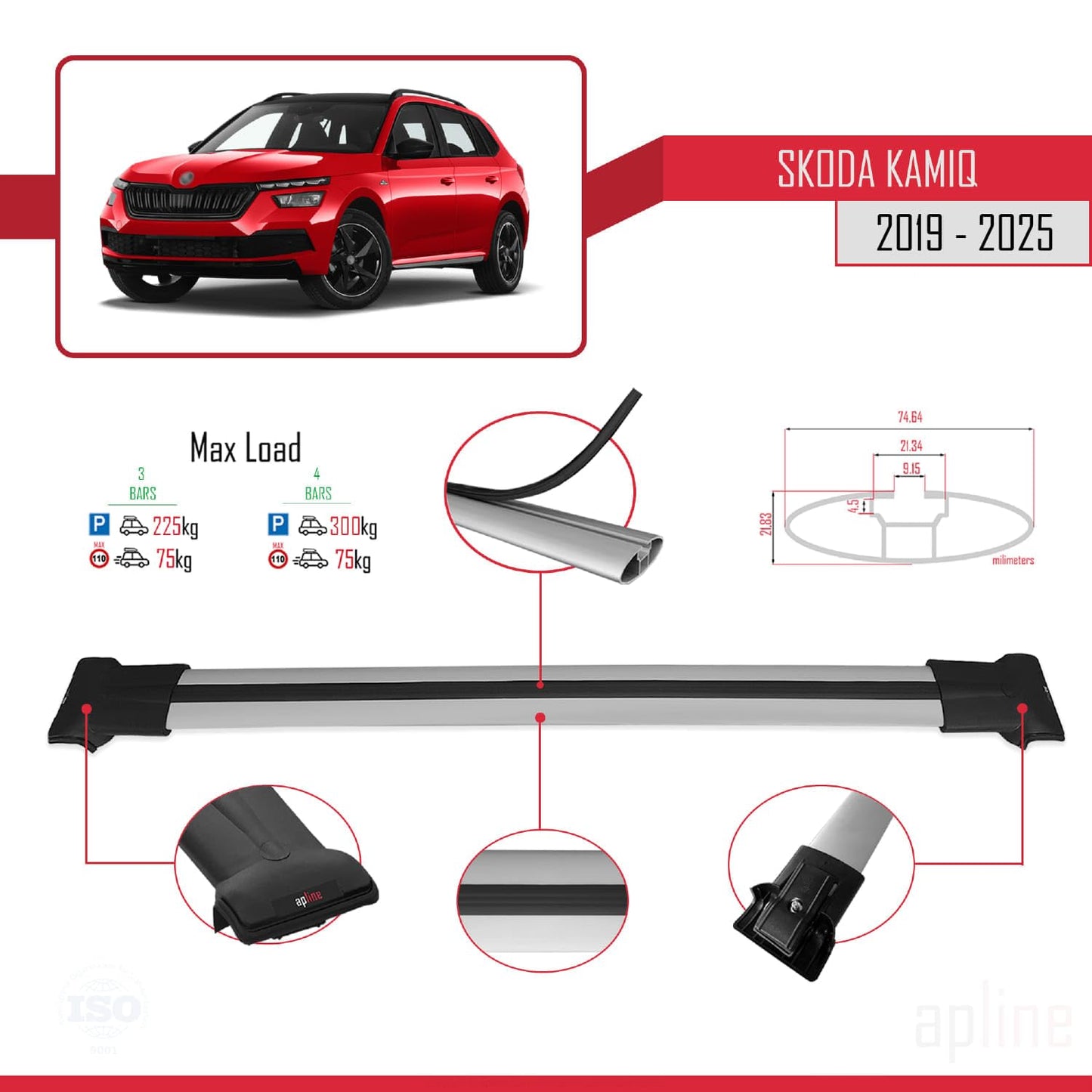 Compatible with Skoda Kamiq 2019-2025 Fly Model Car Roof Rack Cross Bar Grey Aluminium 3 Bars