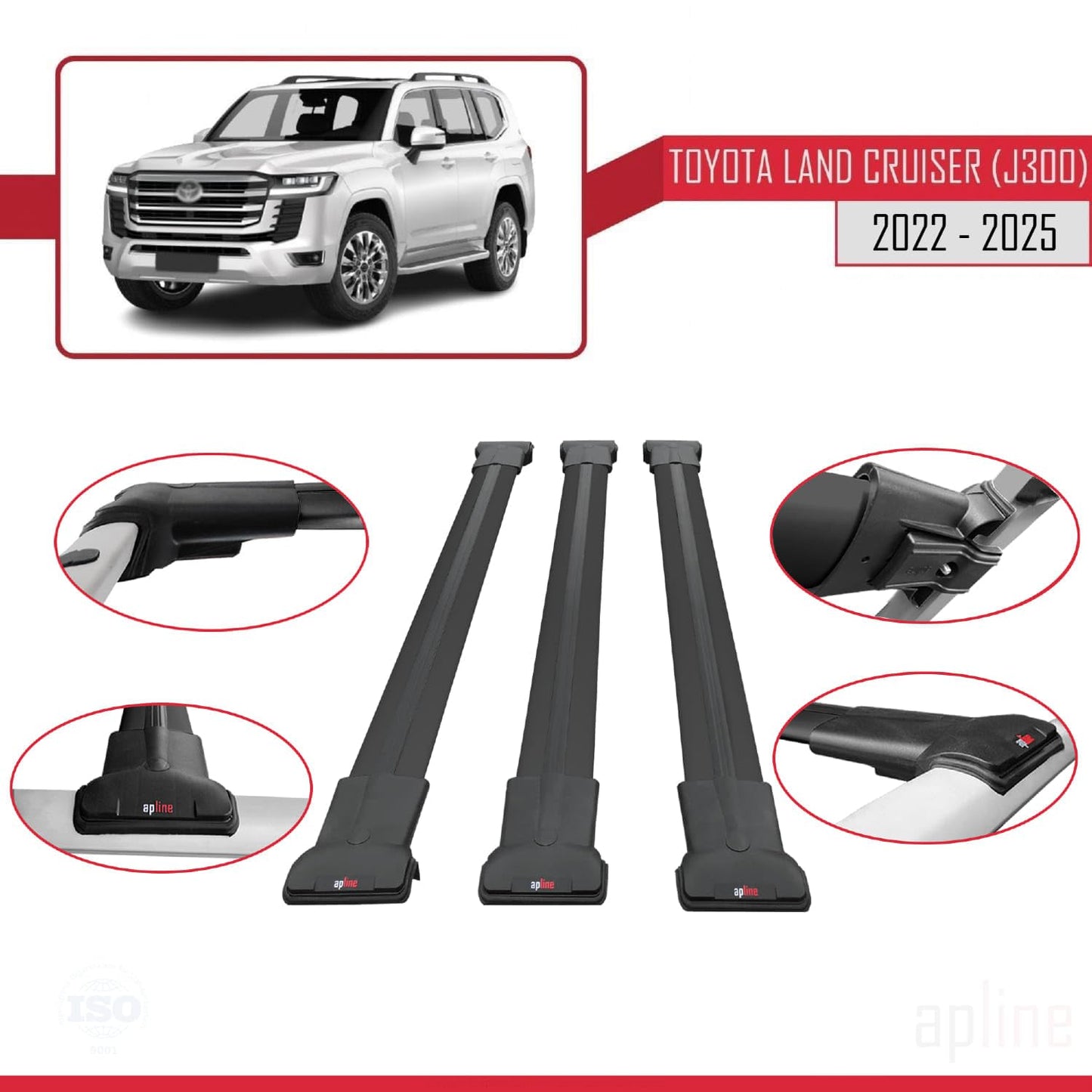 Compatible with Toyota Land Cruiser (J300) 2022-2025 Fly Model Car Roof Rack Cross Bar Black Aluminium 3 Bars
