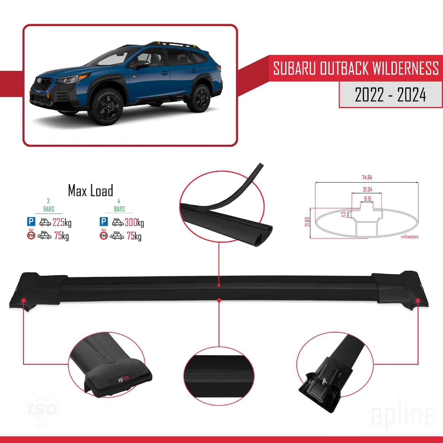 Compatible with Subaru Outback Wilderness 2022-2024 Fly Model Car Roof Rack Cross Bar Black Aluminium 3 Bars