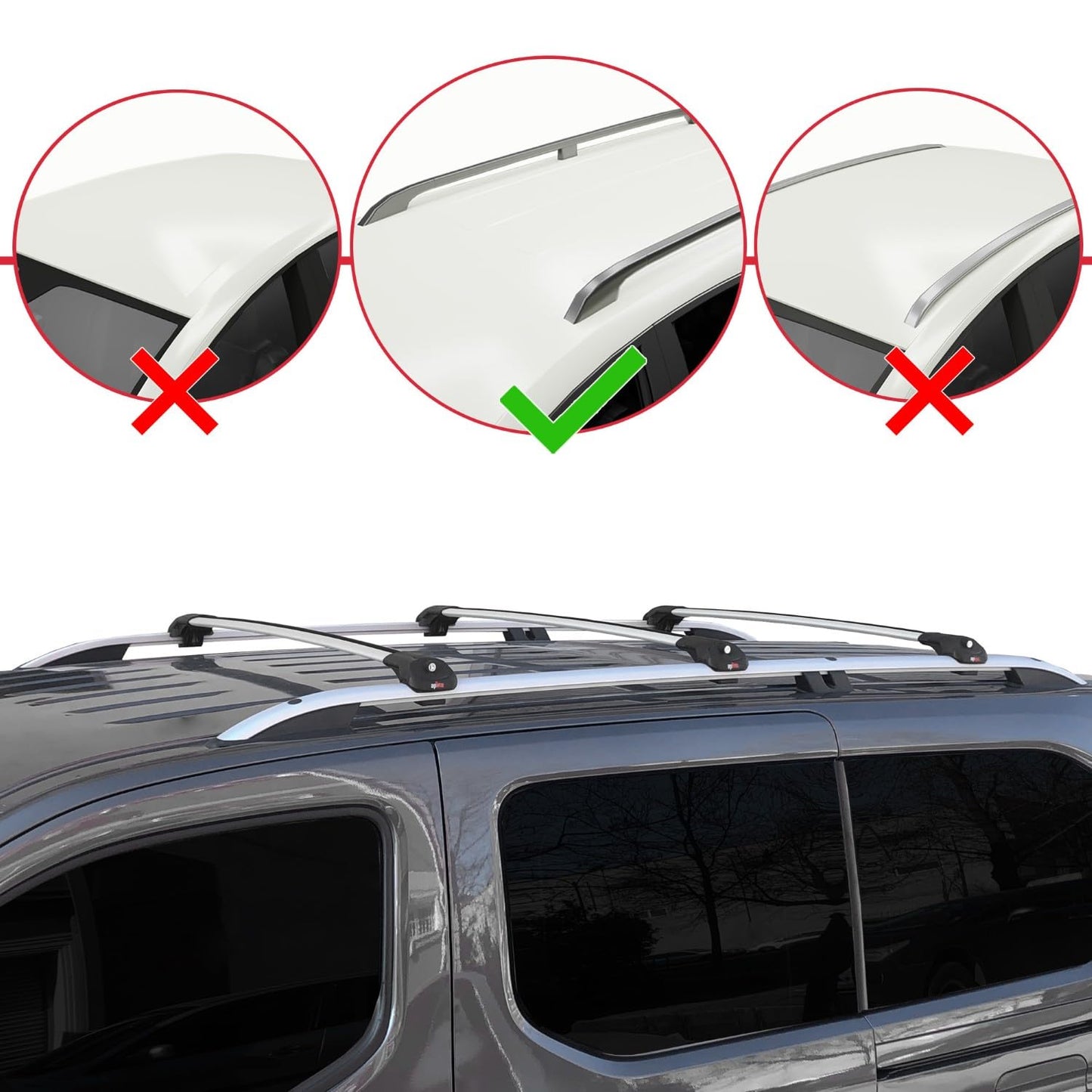 Compatible with Opel Combo E Life 2019-2022 ACE-1 Car Roof Rack Cross Bar Grey Aluminium 3 Bars