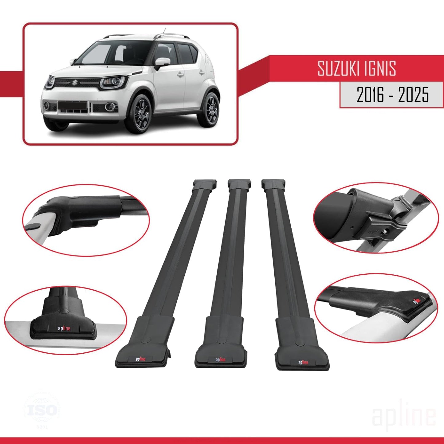 Compatible with Suzuki Ignıs 2016-2025 Fly Model Car Roof Rack Cross Bar Black Aluminium 3 Bars