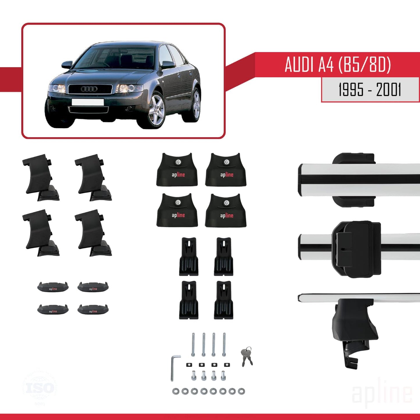 Compatible with Audi A4 (B5) 1995-2001 ACE-4 Car Roof Rack Cross Bar Grey Aluminium 2 Bars