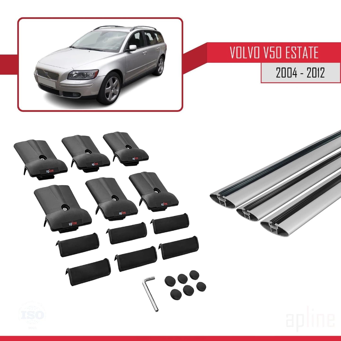Compatible with Volvo V50 2004-2012 Fly Model Car Roof Rack Cross Bar Grey Aluminium 3 Bars