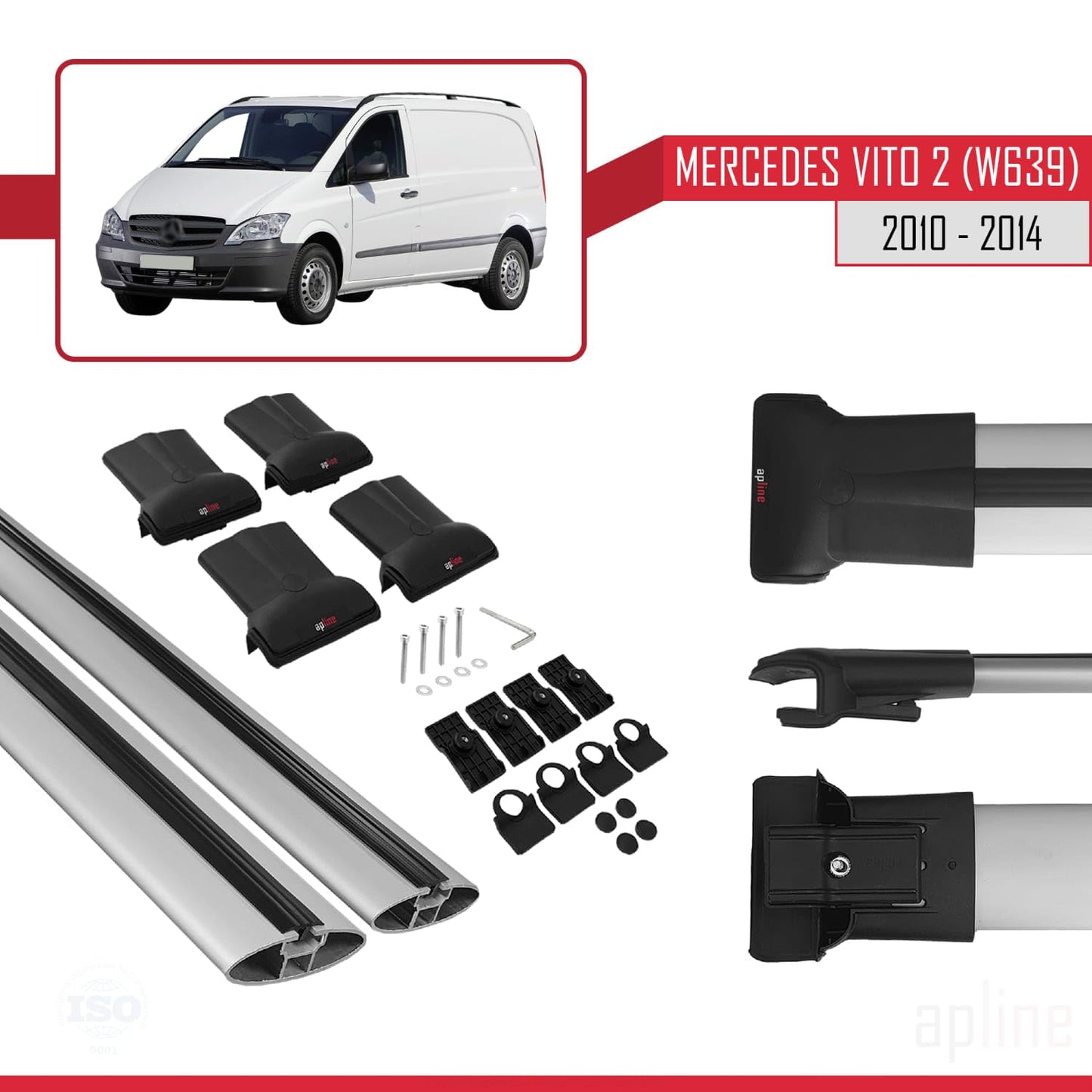 Compatible with Mercedes Vito 2 (W639) Pre-Facelift 2003-2010 Fly Model Car Roof Rack Cross Bar Grey Aluminium 2 Bars