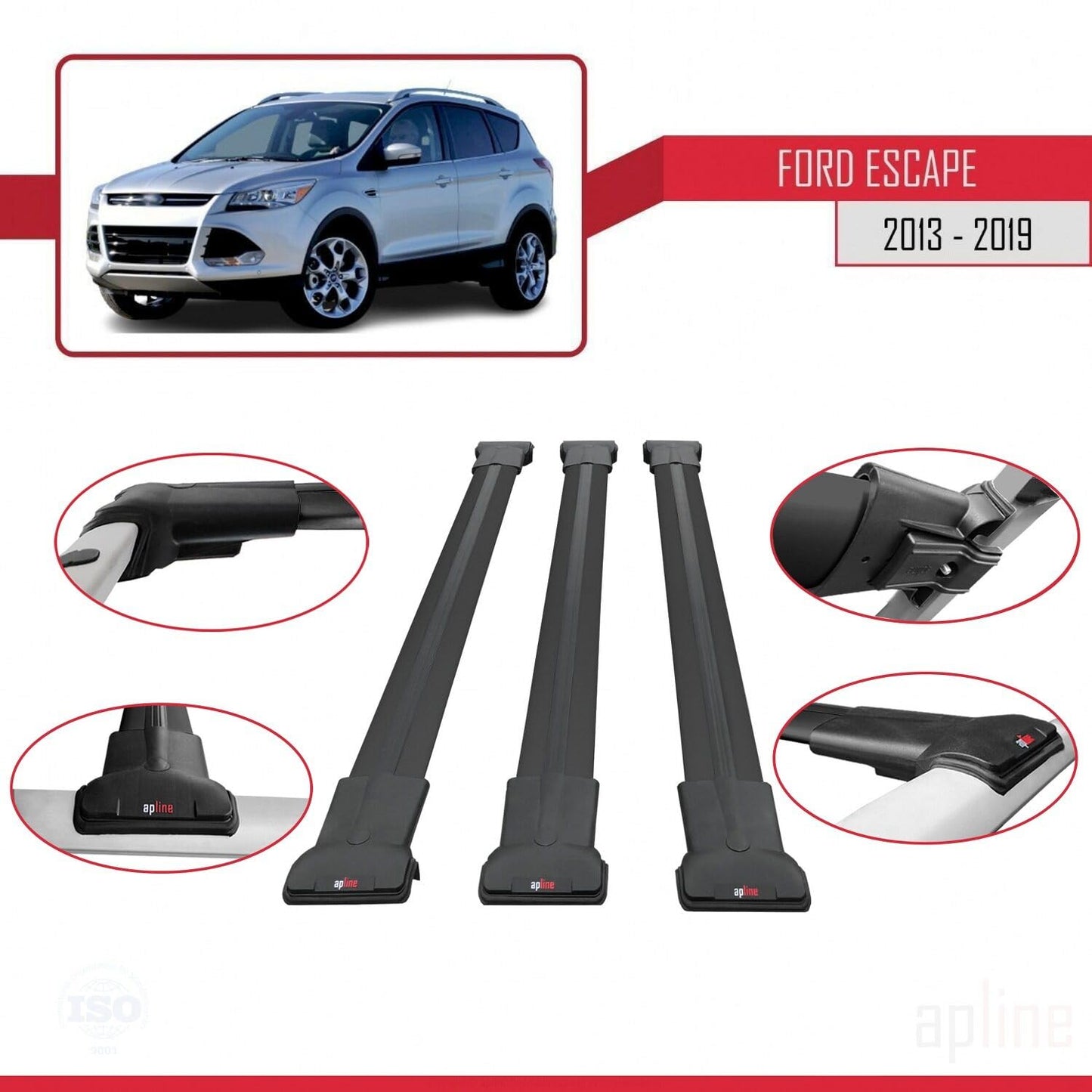 Compatible with Ford Escape 3 2013-2019 Fly Model Car Roof Rack Cross Bar Black Aluminium 3 Bars