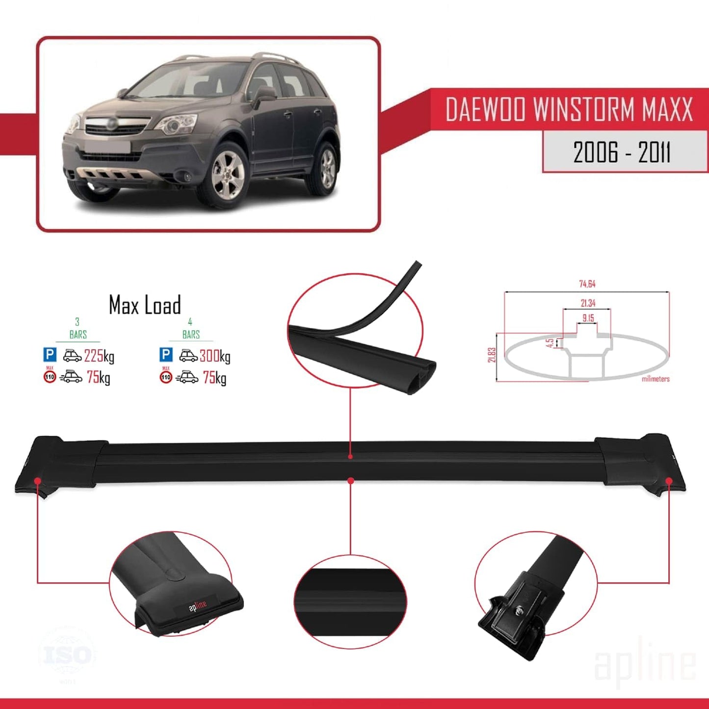 Compatible with Daewoo Winstorm MaXX 2006-2011 Fly Model Car Roof Rack Cross Bar Black Aluminium 3 Bars