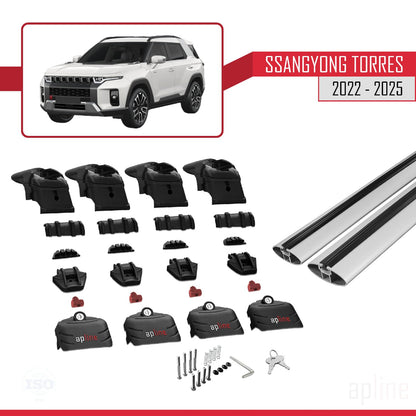 Compatible with SsangYong Torres 2022-2025 ACE-2 Car Roof Rack Cross Bar Grey Aluminium 2 Bars