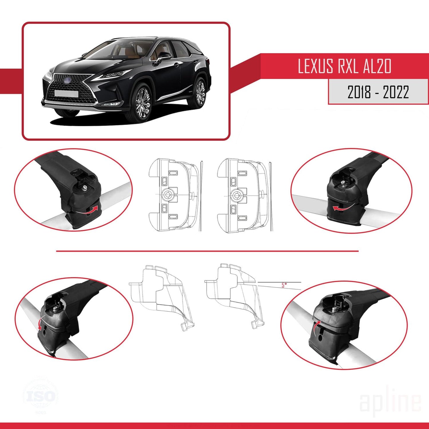 Compatible with Lexus RX 4 L (AL20) 2018-2022 ACE-2 Car Roof Rack Cross Bar Black Aluminium 2 Bars