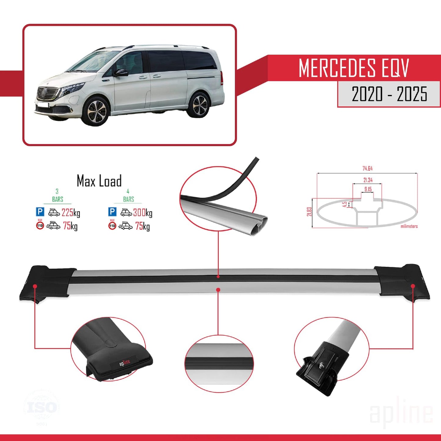 Compatible with Mercedes EQV (W447) 2020-2025 Fly Model Car Roof Rack Cross Bar Grey Aluminium 3 Bars