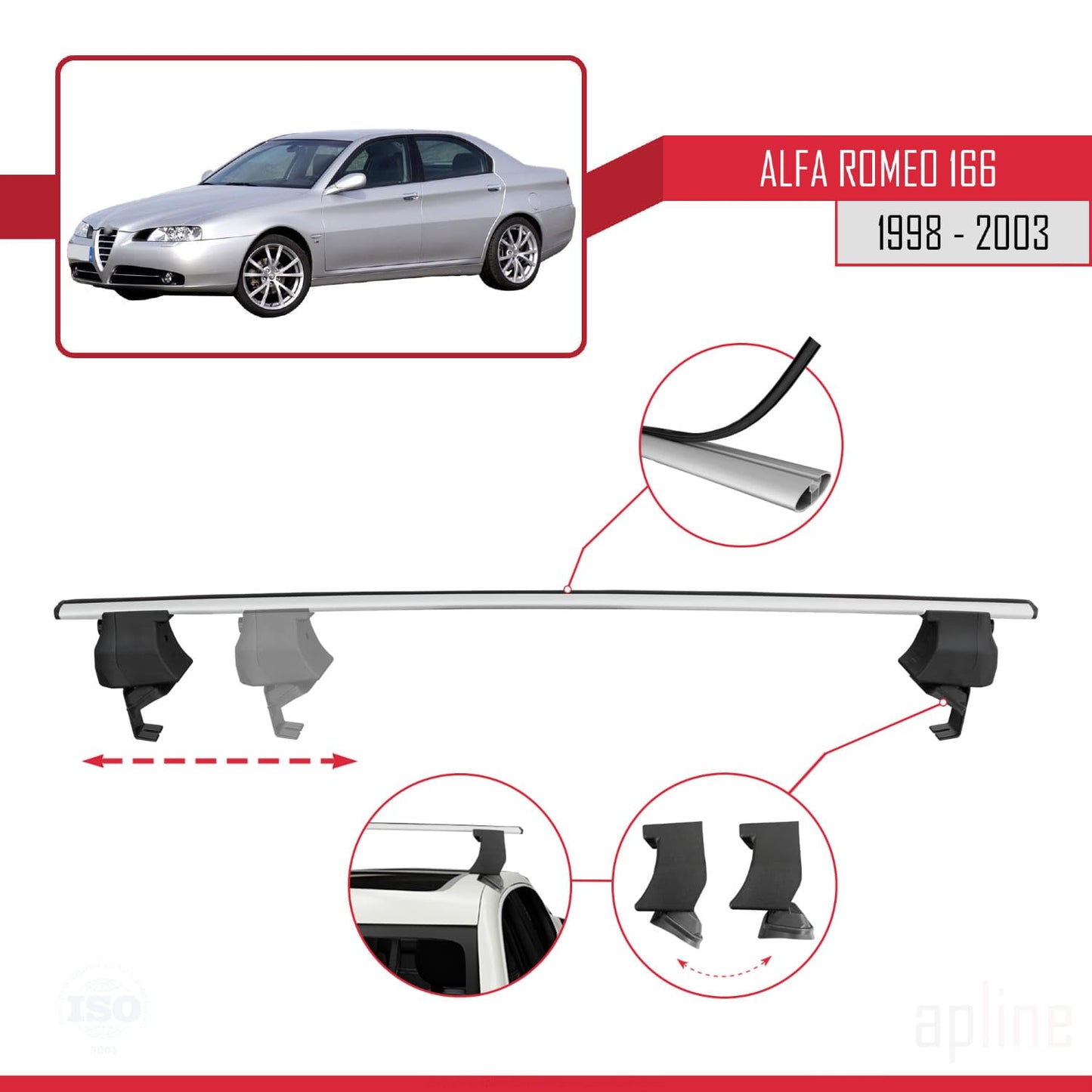 Compatible with Alfa Romeo 166 (T936) Pre-Facelift 1998-2003 ACE-4 Car Roof Rack Cross Bar Grey Aluminium 2 Bars