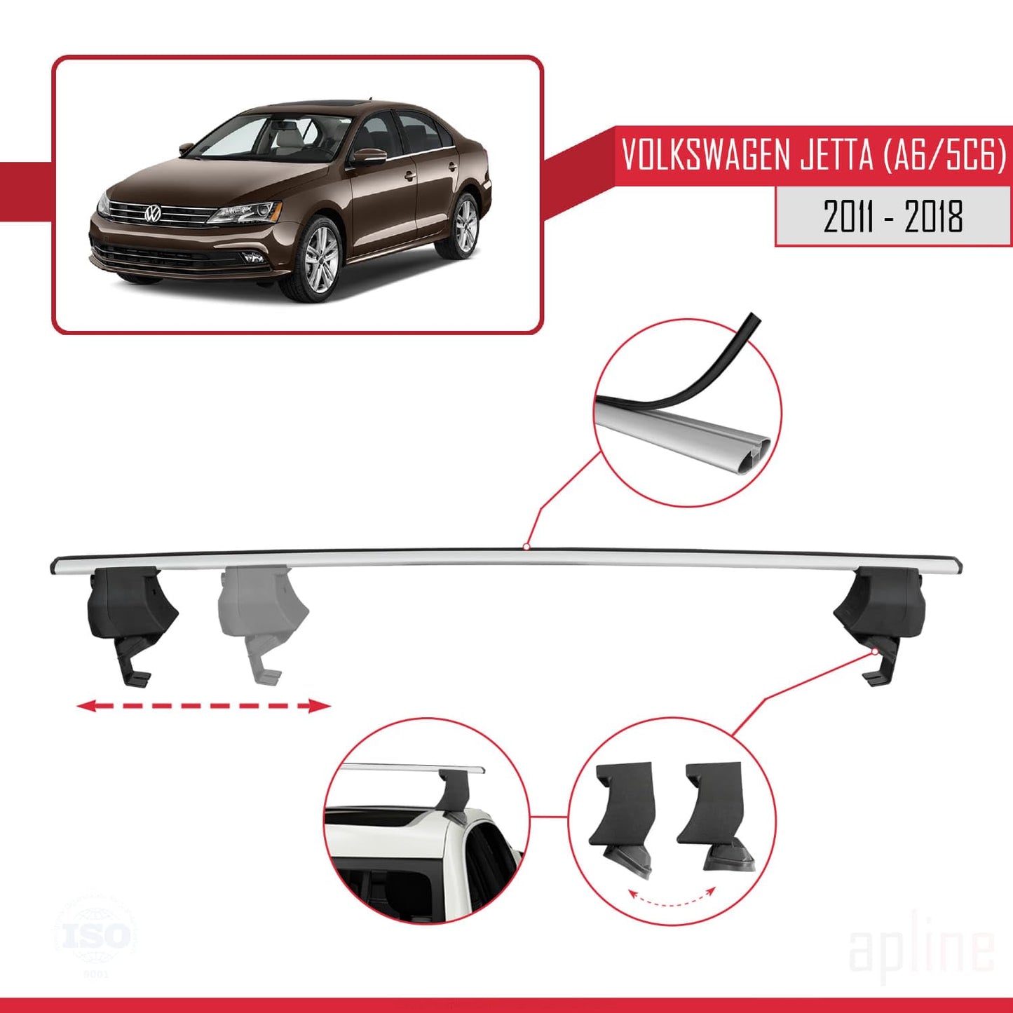 Compatible with Volkswagen Jetta 6 (5C6) 2011-2018 ACE-4 Car Roof Rack Cross Bar Grey Aluminium 2 Bars