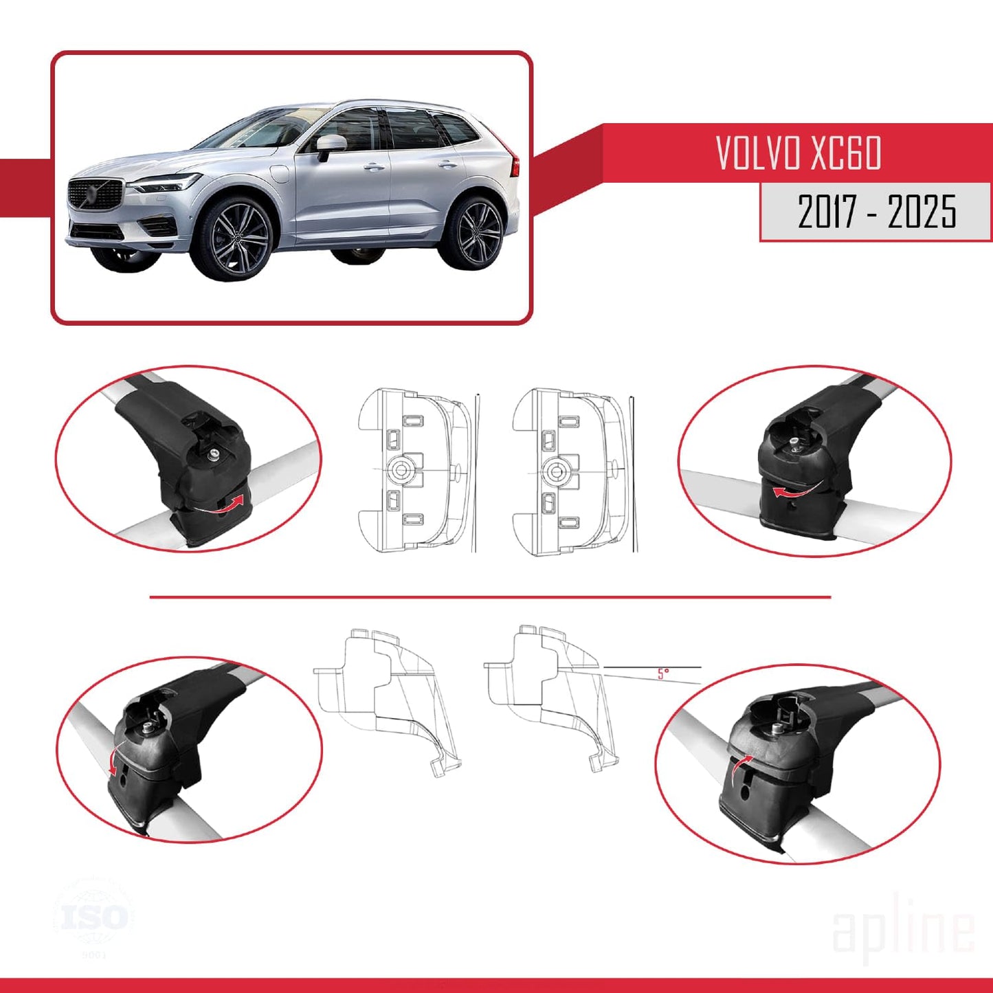 Compatible with Volvo XC60 II 2017-2025 ACE-2 Car Roof Rack Cross Bar Grey Aluminium 2 Bars