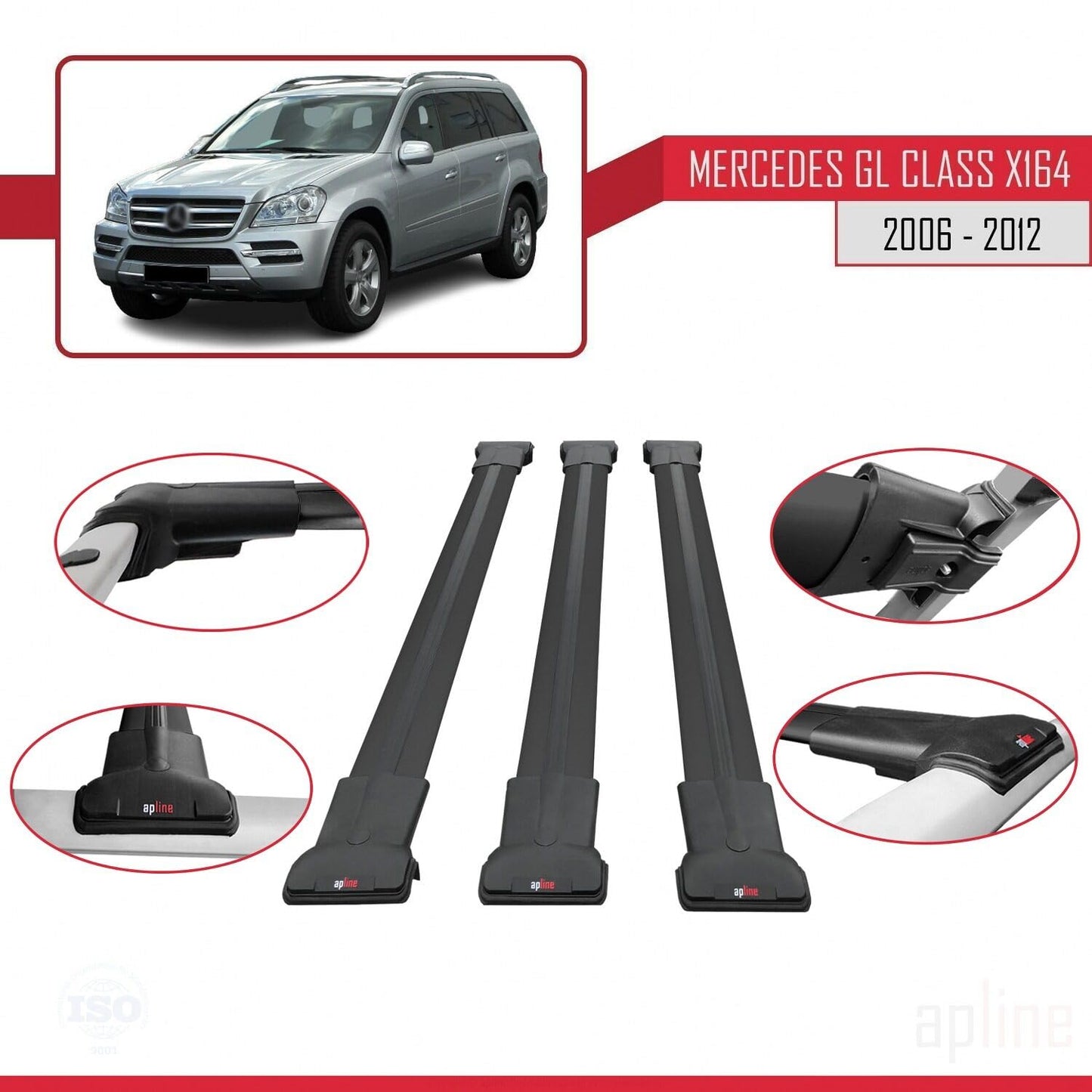 Compatible with Mercedes GL Class (X164) 2006-2012 Fly Model Car Roof Rack Cross Bar Black Aluminium 3 Bars