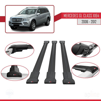 Compatible with Mercedes GL Class (X164) 2006-2012 Fly Model Car Roof Rack Cross Bar Black Aluminium 3 Bars