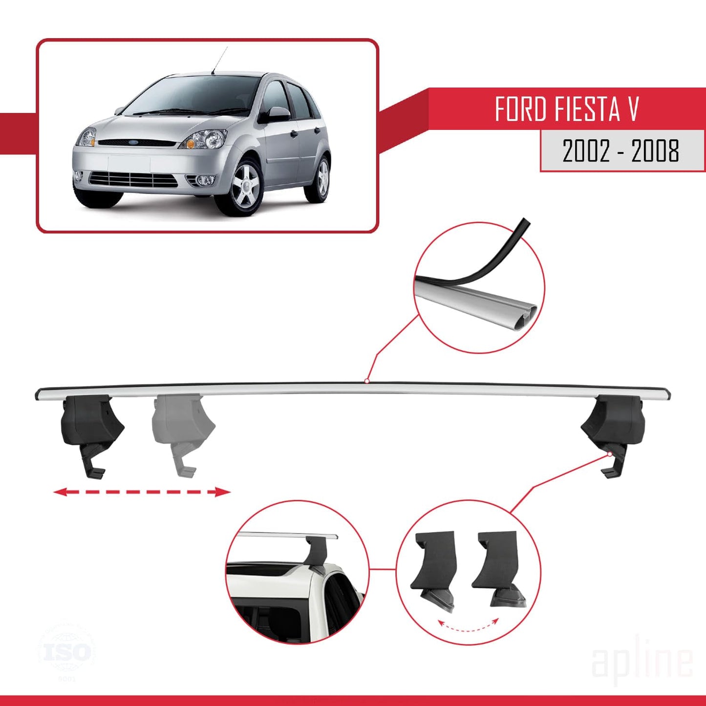 Compatible with Ford Fiesta 5 2002-2008 ACE-4 Car Roof Rack Cross Bar Grey Aluminium 2 Bars
